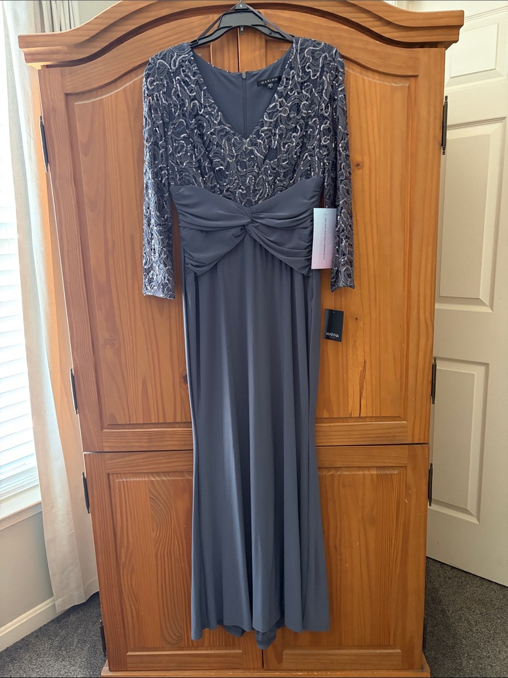 MARINA Grey Lace Bodice Long Sleeve Evening Gown